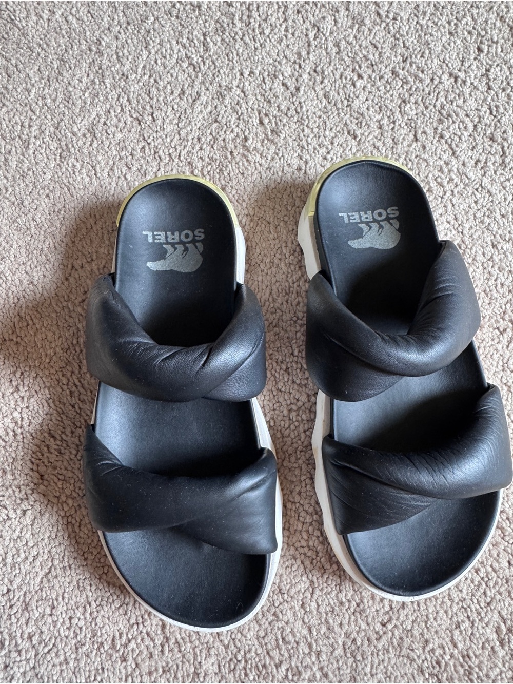 Sorel Black Twisted-Padded Slide Sandals with White Trim